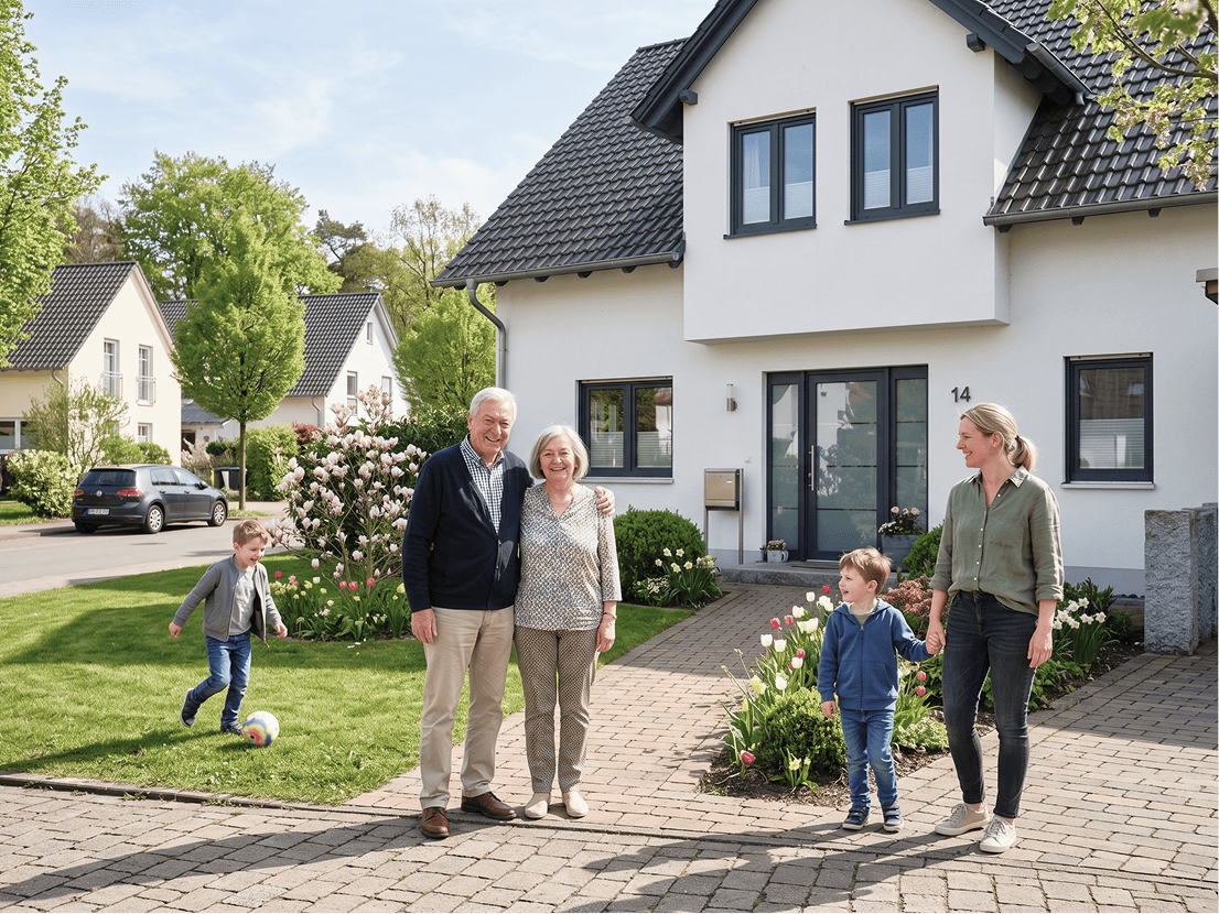 Vor einem Einfamilienhaus steht eine Familie: Ein Junge spielt auf dem Rasen Fußball, während sein Bruder die Hand der Mutter Hand hält und die Großeltern Arm in Arm in die Kamera lächeln.