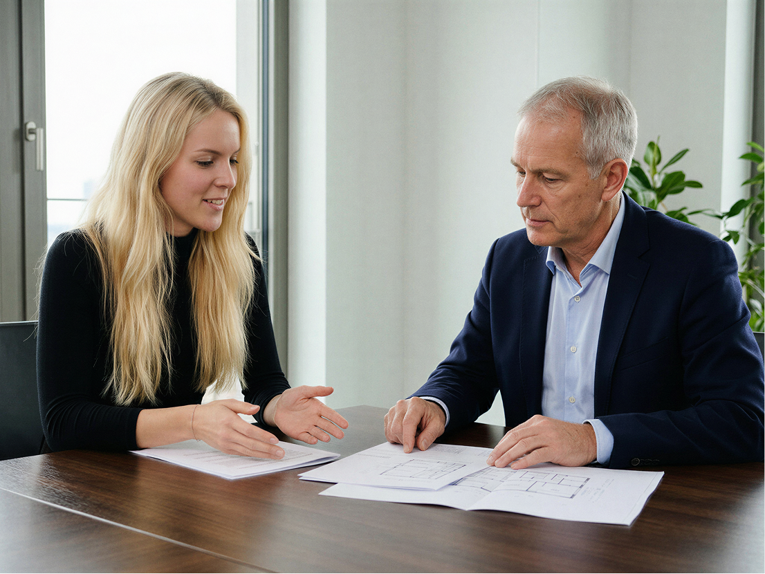 Lara Poppe am Besprechungstisch mit einem Kunden.
